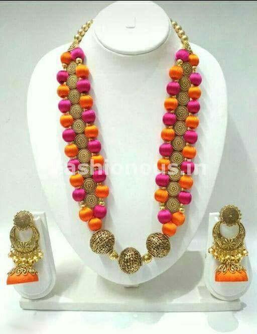 Orange and Pink Silk Balls with Antique Beaded Pendant Silk Thread Jewellery Set-STJS-050