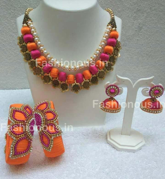 Orange and Pink Silk Balls with Floral String Silk Thread Jewellery Set-STJS-042