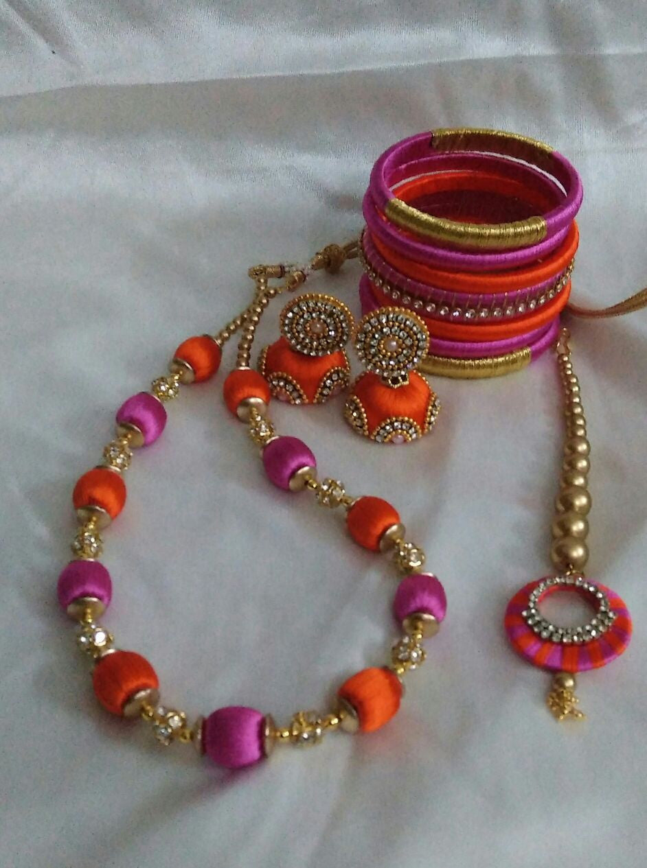Orange and Pink Silk Thread Full Set with Mang Tikaa