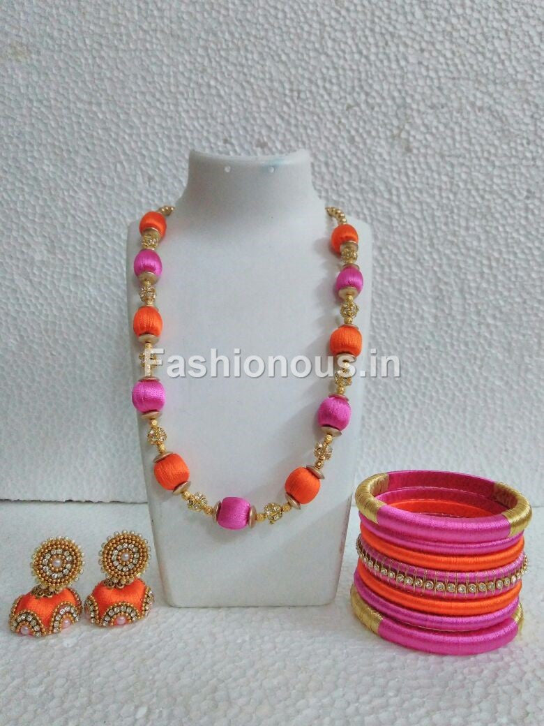 Orange and Pink Silk Thread Jewellery Set