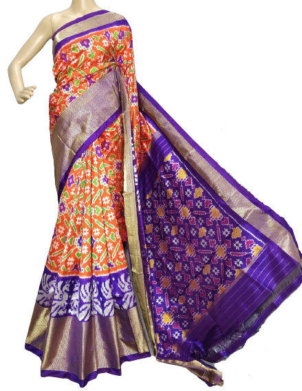 Orange and Purple Ikkat Silk Saree
