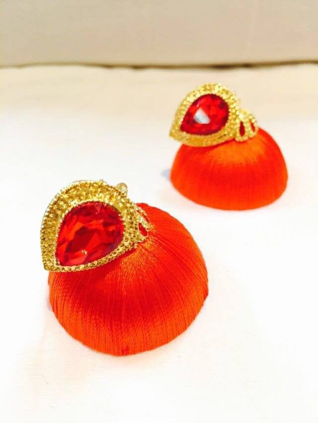 Orange colour Kundan attached Silk thread jhumkas