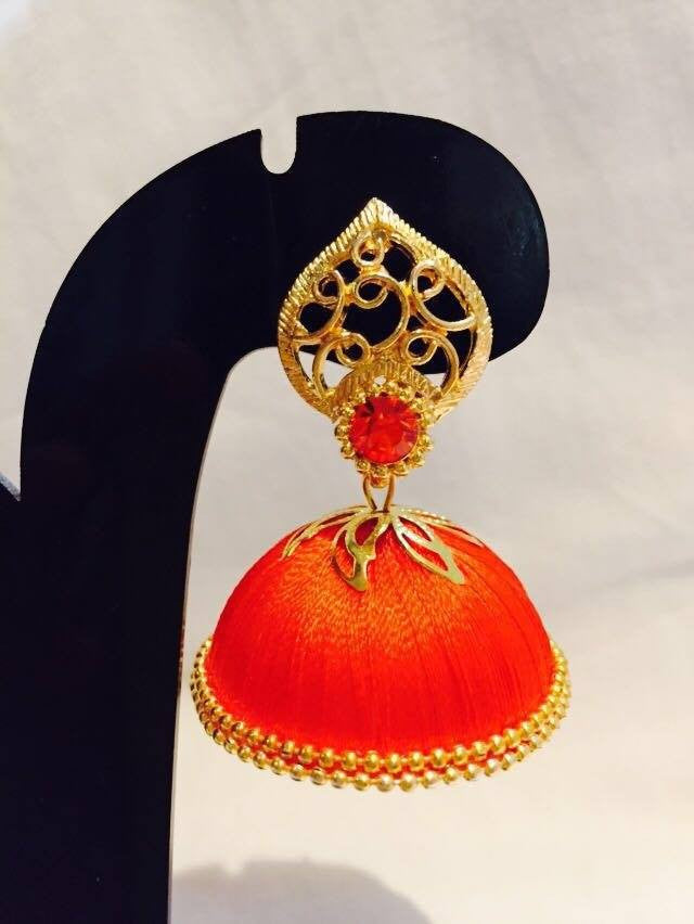 Orange stone studded silk thread jhumkas