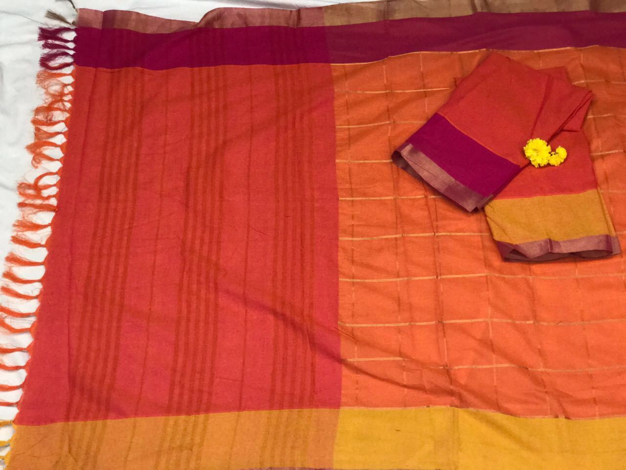 Orange with Beautiful Zari and Tassel Pallu South Cotton Saree-SRE-379