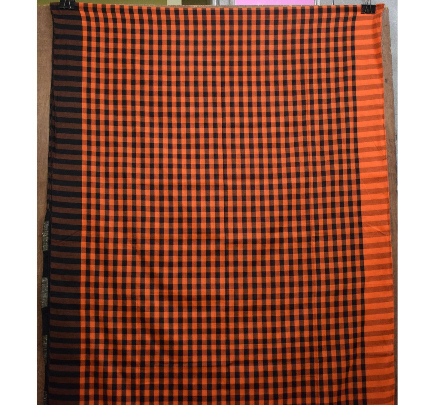 Orange with Black Checked Handwoven Cotton Saree