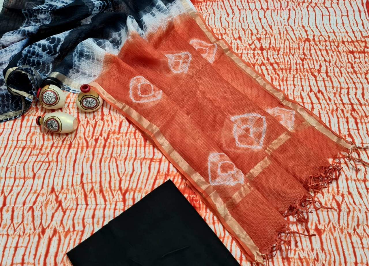Orange with Black and White Handblock Unstitched Printed Cotton Suit