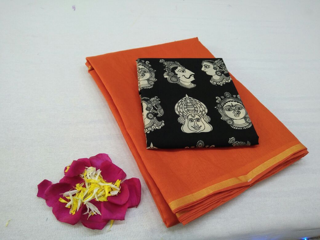 Orange with Face Designed Blouse Fancy Cotton Saree-SRE-757
