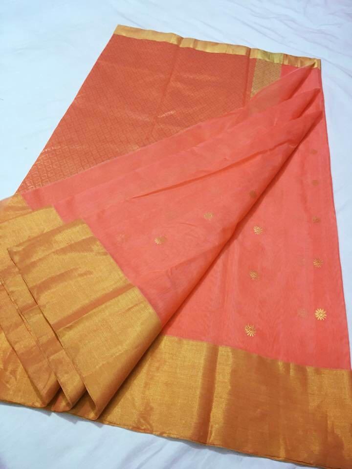 Orange with Golden Rhombus Designed Zari Border Chanderi Silk Saree-CHANSRE-049