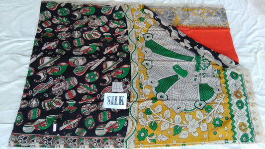 Orange with Patil Pallu Silk Kalamkari Saree-KALAMKARI-0015