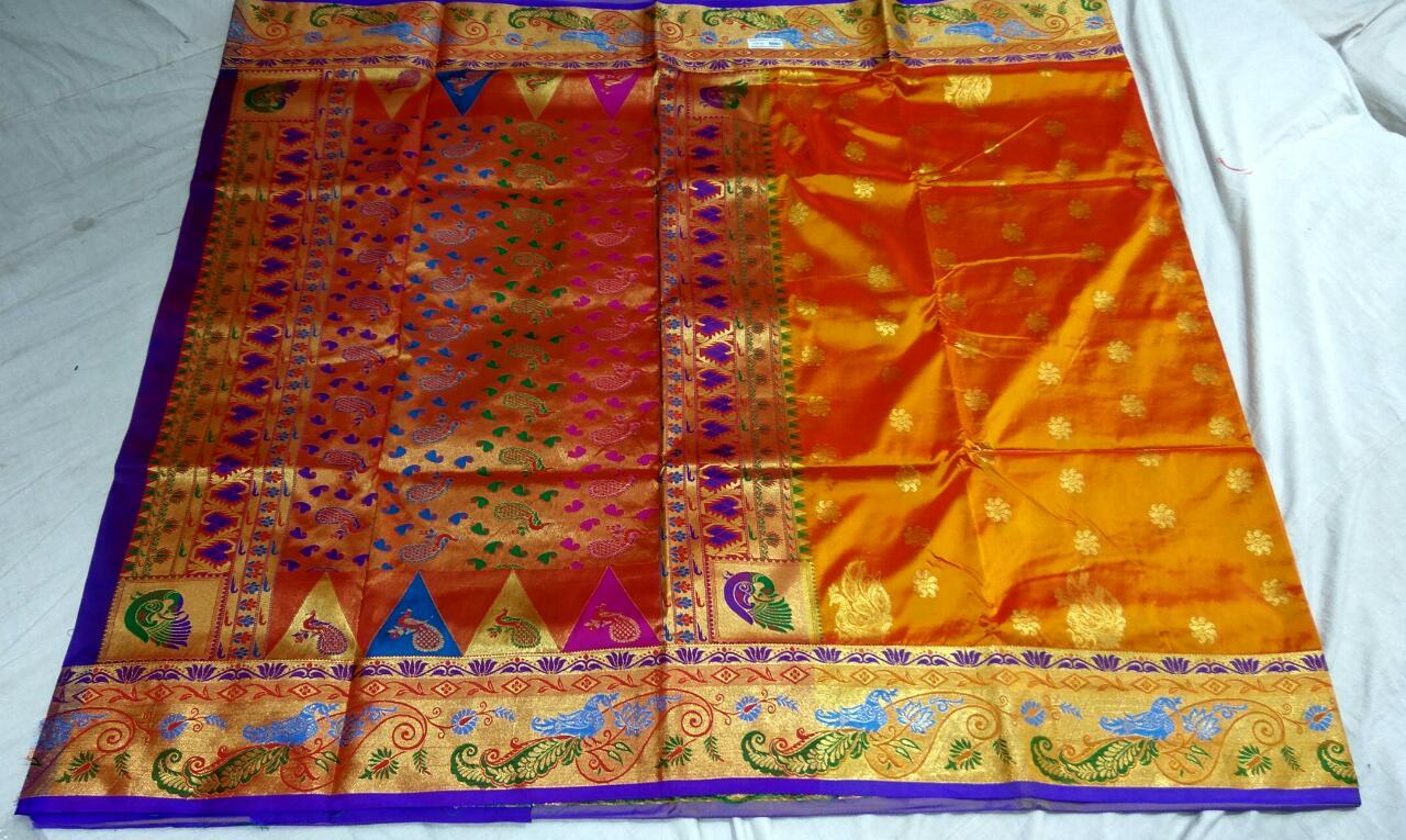 Orange with Peacock Designed Border Paithani Saree-PAITHANI-069