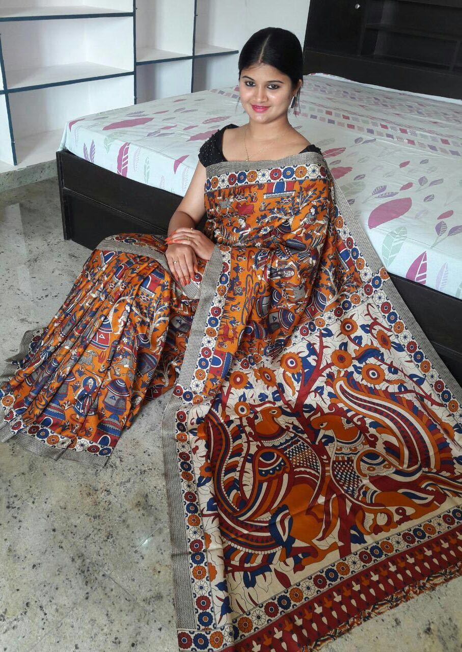 Maroon with Tribal Art Kalamkari Printed Silk Cotton Saree