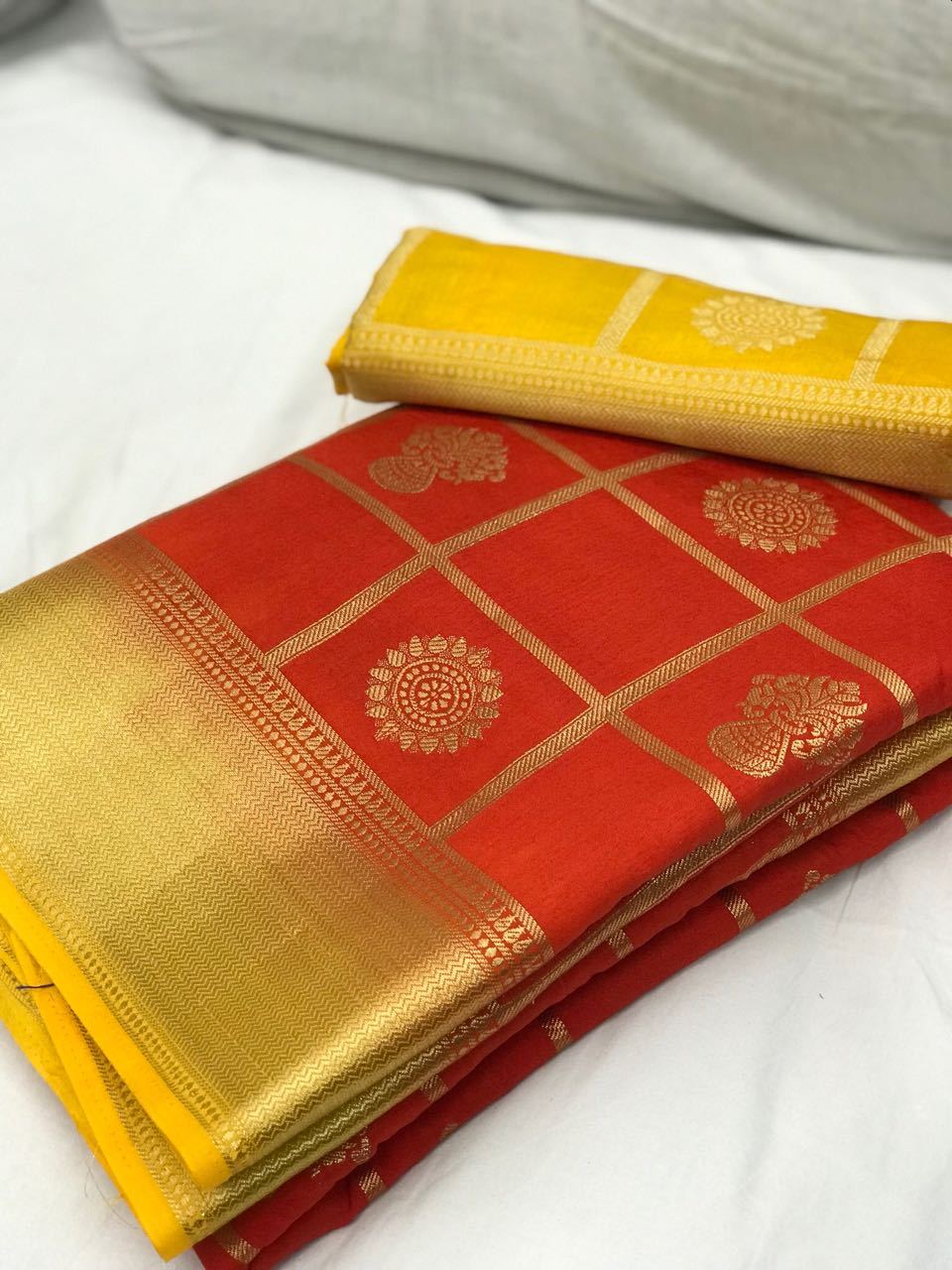 Orange with Yellow Border Banarasi Silk Saree-SRE-1098