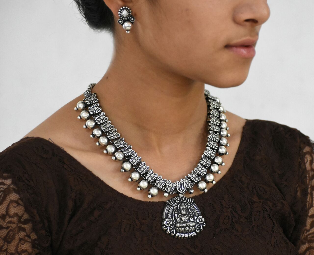 Oxidized Temple Necklace and Earrings-OTN044
