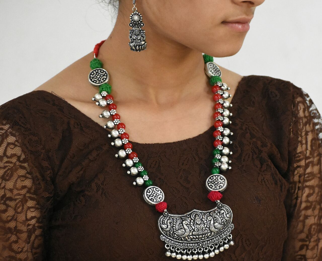 Oxidized Temple Necklace and Earrings-OTN048