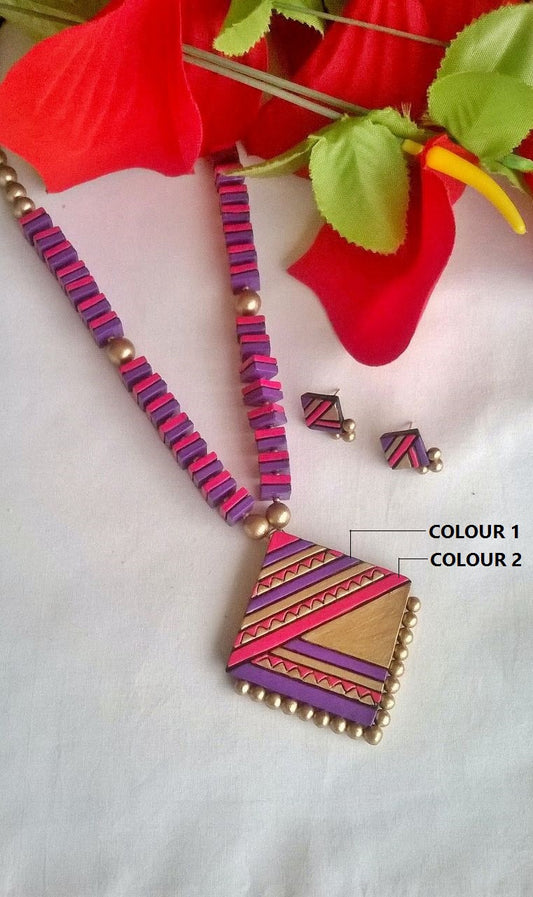 Pink & Purple Square Terracotta Jewellery Set