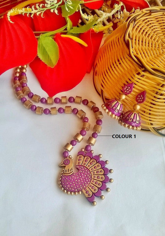 Purple Dancing Peacock Terracotta Jewellery Set