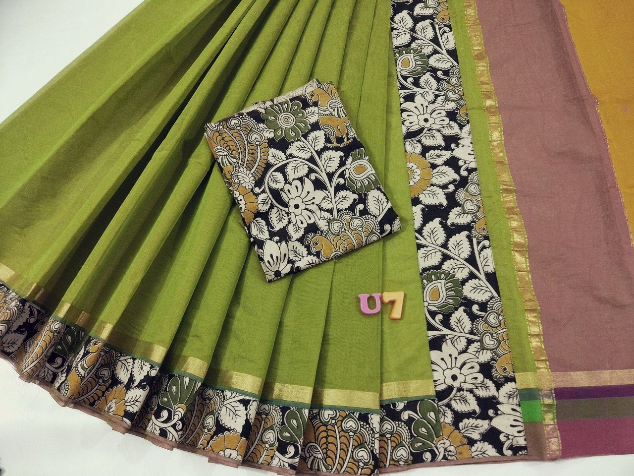 Parrot Green with Kalamkari Blouse Mercerized Silk Cotton Saree-SRE-821
