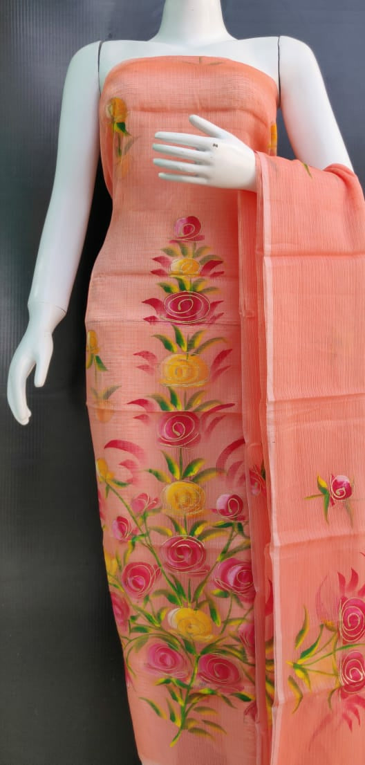 Peach Brush Printed Kota Dress Material