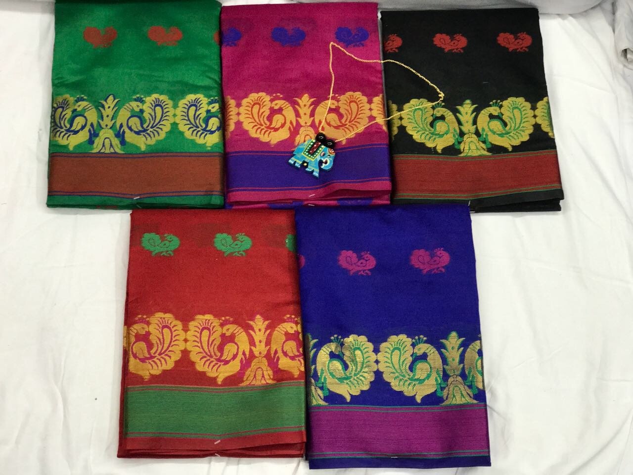 Red and Green Border with Peacock Design Silk Cotton Saree