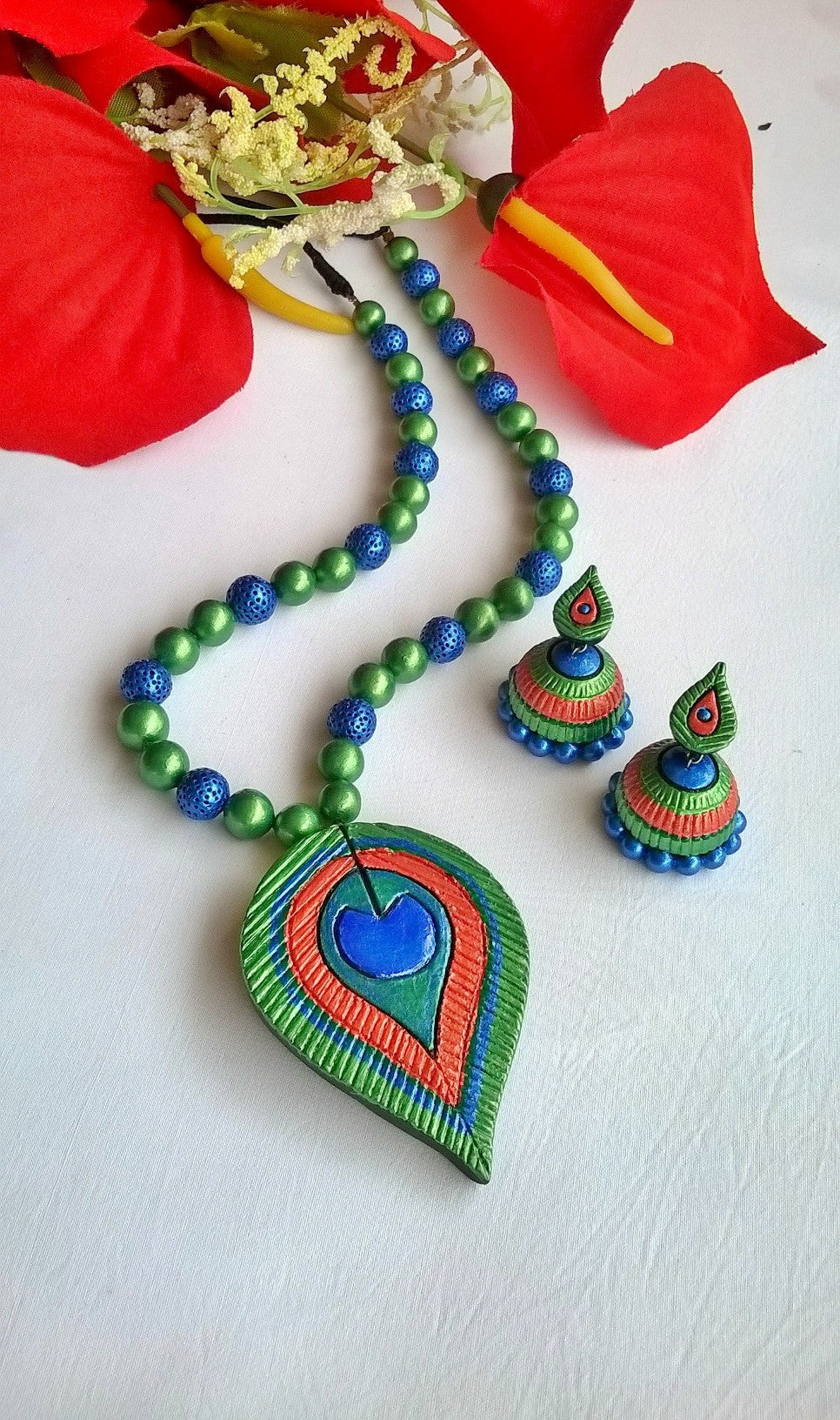 Peacock Feather Terracotta Jewellery set