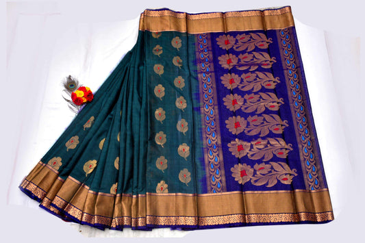 Peacock Green with Floral Designed Blue Pallu Handwoven Chettinad Silk Cotton Saree