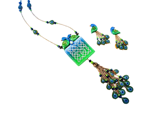 Peacock and Rangoli Polymer Clay Jewellery Set