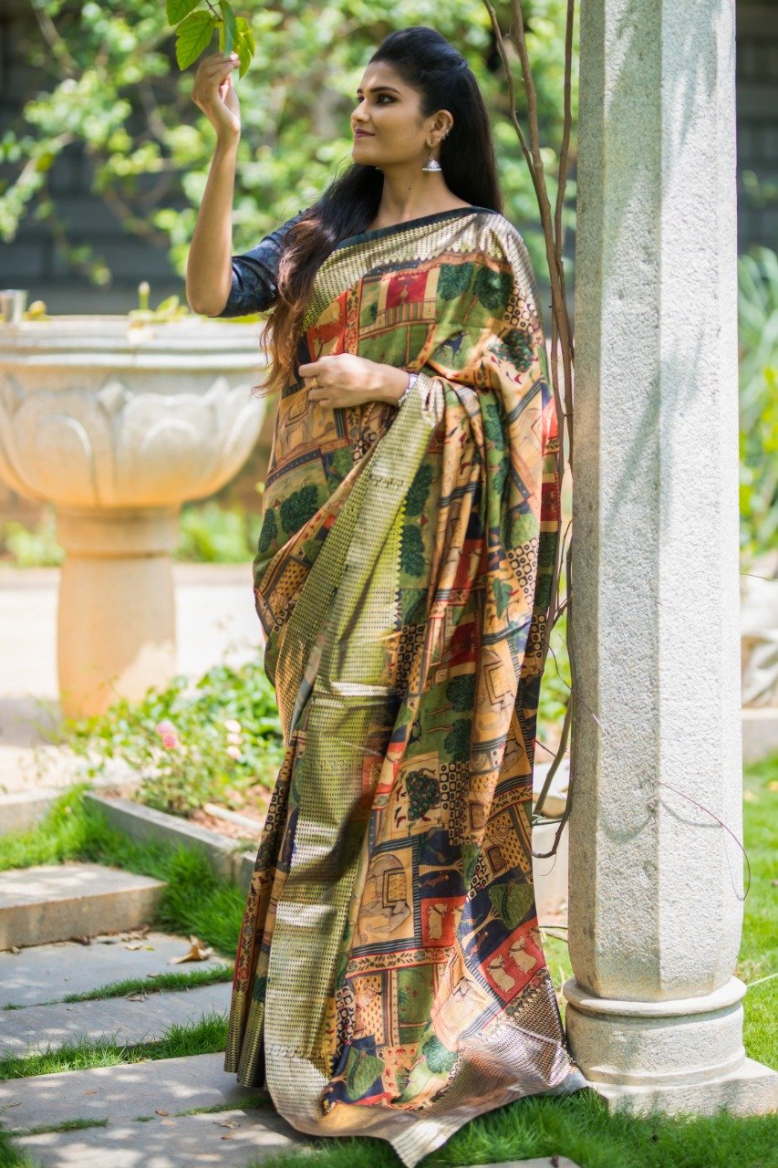 Pen Kalamkari Digital Printed Linen Chanderi Saree-LNSRE080 Printed saree suitable for party use
