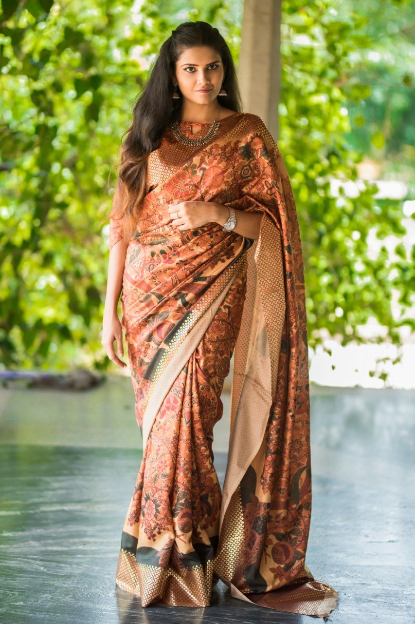 Pen Kalamkari Digital Printed Linen Chanderi Saree-LNSRE082 Brown coloured printed saree 