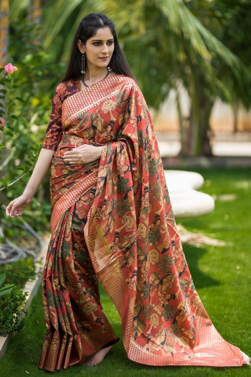 Pen Kalamkari Digital Printed Linen Chanderi Saree-LNSRE083 Printed partywear saree