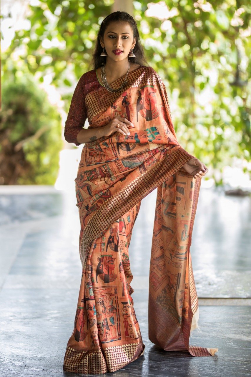 Pen Kalamkari Digital Printed Linen Chanderi Saree-LNSRE085 Light brown coloured attractive saree 