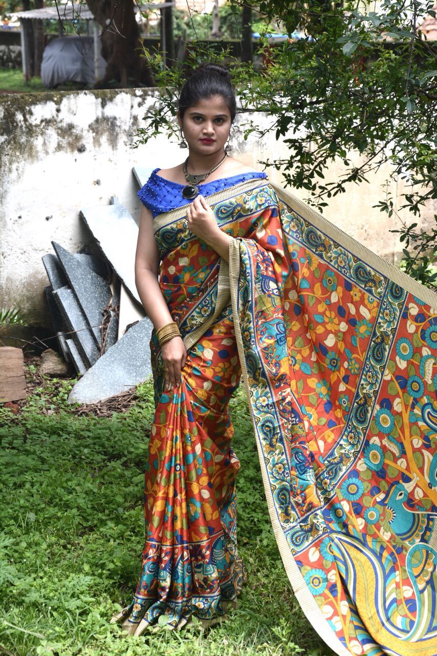 Pen Kalamkari Printed Linen Chanderi Saree-LNSRE067 Multicolour partywear saree