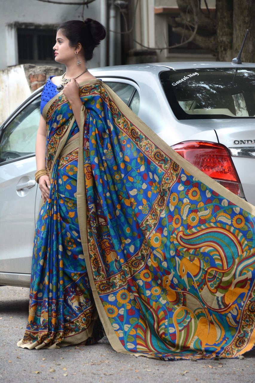 Pen Kalamkari Printed Linen Chanderi Saree-LNSRE068 Blue coloured printed saree for regular use