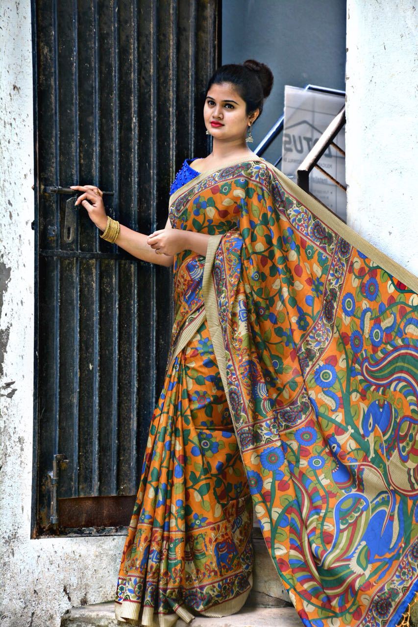 Pen Kalamkari Printed Linen Chanderi Saree-LNSRE069 Light brown coloured attractive saree