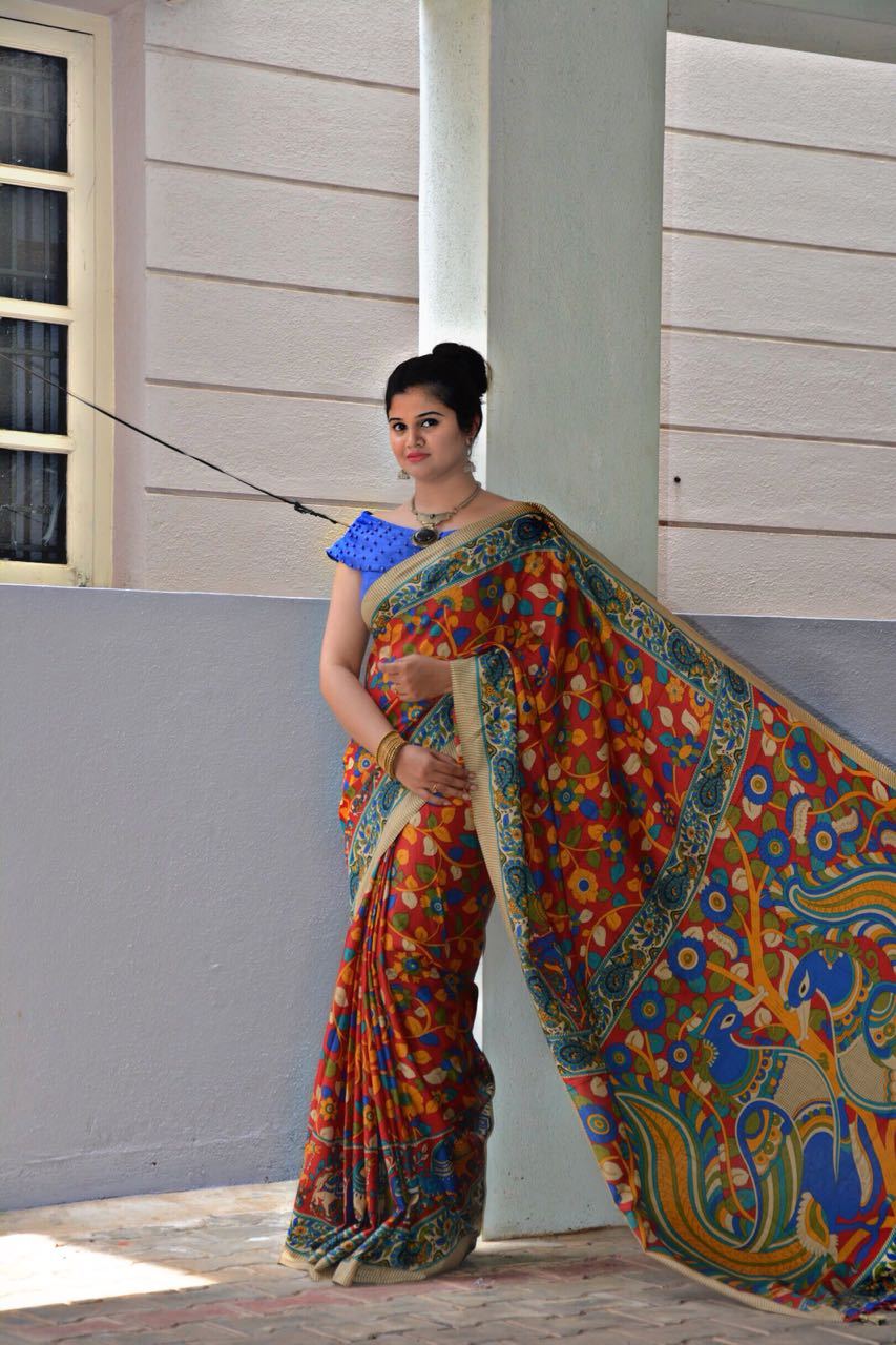 Pen Kalamkari Printed Linen Chanderi Saree-LNSRE070 Red and blue coloured regular wear