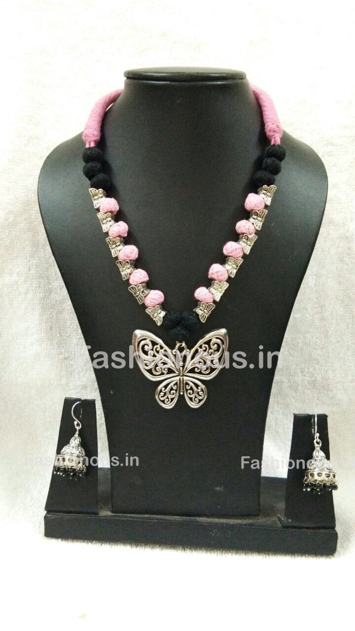 Pink And Black Butterly Oxidized Necklace And Earrings-OXDJSW-013