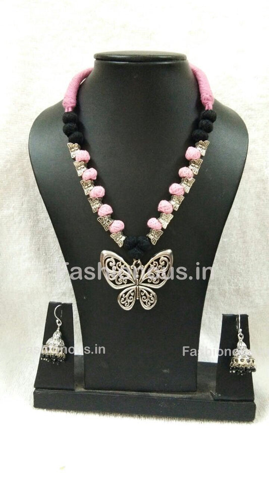 Pink And Black Butterly Oxidized Necklace And Earrings-OXDJSW-013