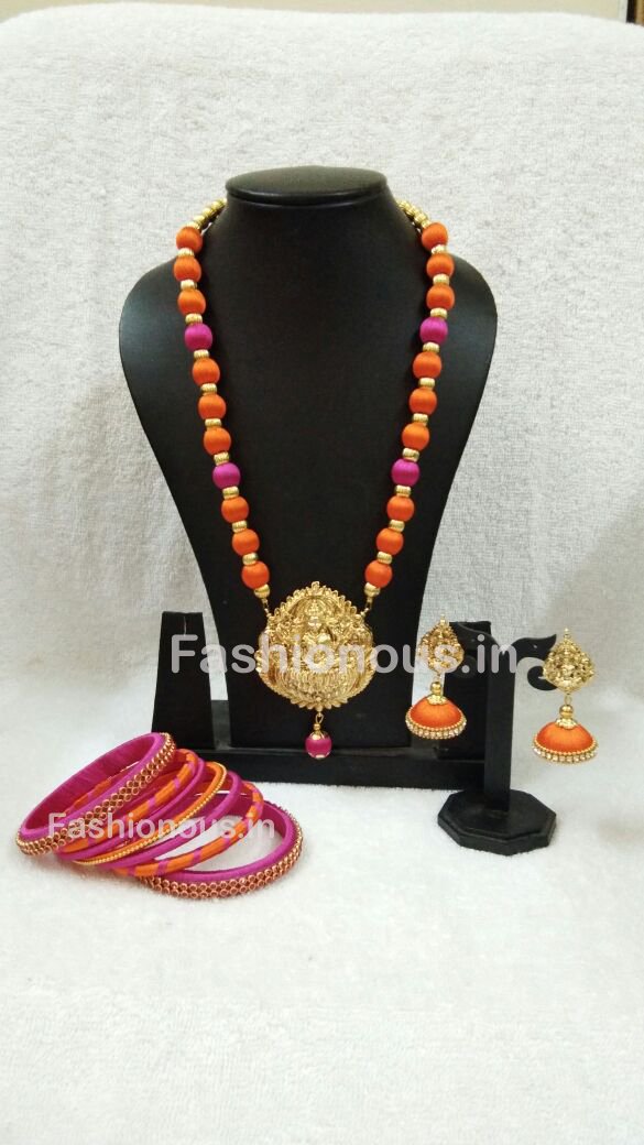 Pink And Orange Silk Balls With Laxshmi Antique Pendant Silk Thread Jewellery Set-STJSW-010