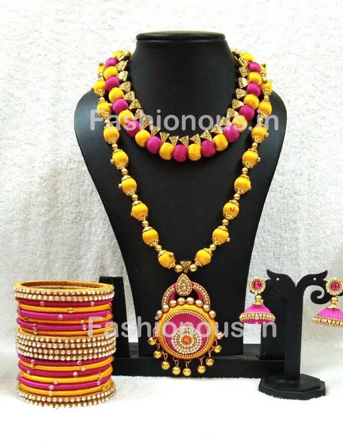 Pink And Yellow Short And Long Silk Thread Jewellery Set-STJSW-001