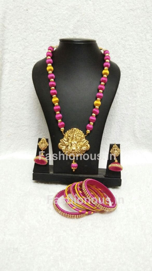 Pink And Yellow Silk Balls With Laxshmi Antique Pendant Silk Thread Jewellery Set-STJSW-011