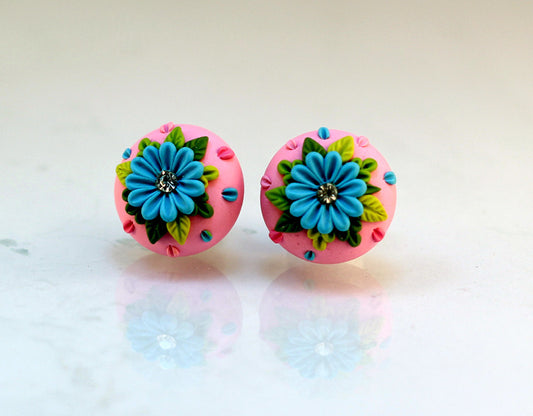 Pink Blue Floral Embroidery Polymer Clay Stud