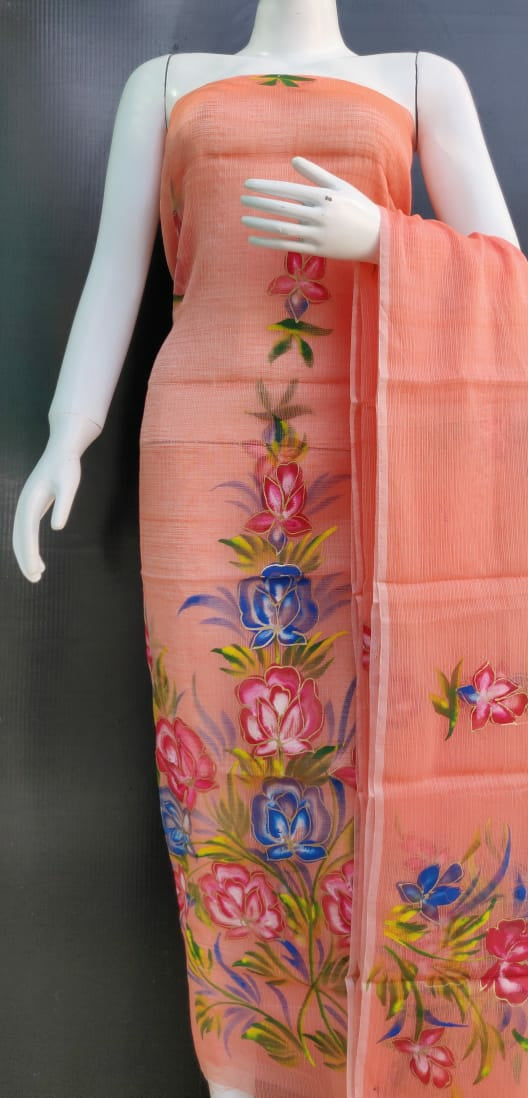 Pink Brush Printed Kota Dress Material