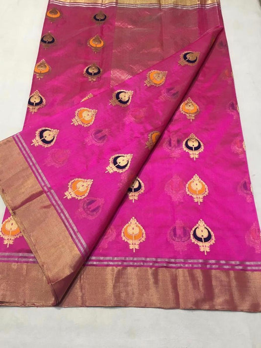 Hot Pink Chanderi Silk Saree With Copper Border- CSH053