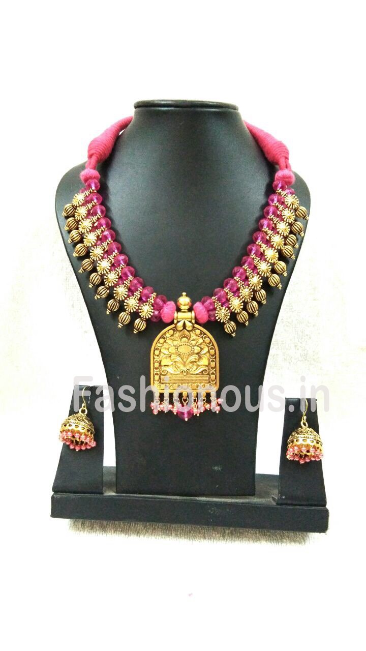 Pink Crystal Oxidized Necklace And Earrings-OXDJSW-009
