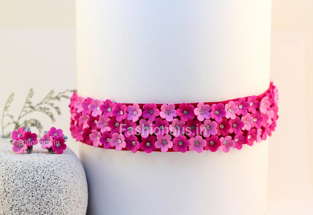 Pink Floral Choker and Studs-ZAPCNS-023