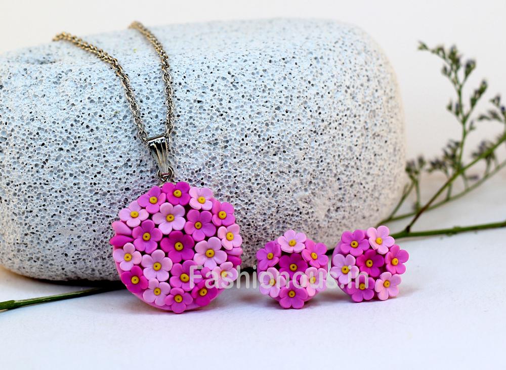 Pink Floral Embroidery Necklace and Earrings-ZAPCNS-004