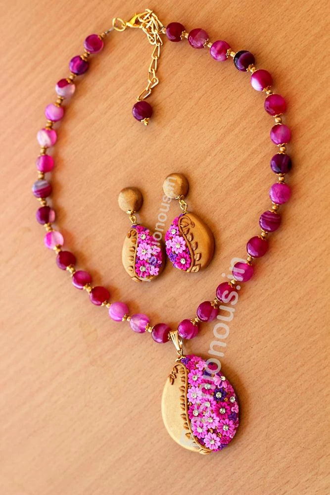 Pink Floral Pendant with Semi Precious Beads and Earrings-ZAPCNS-049