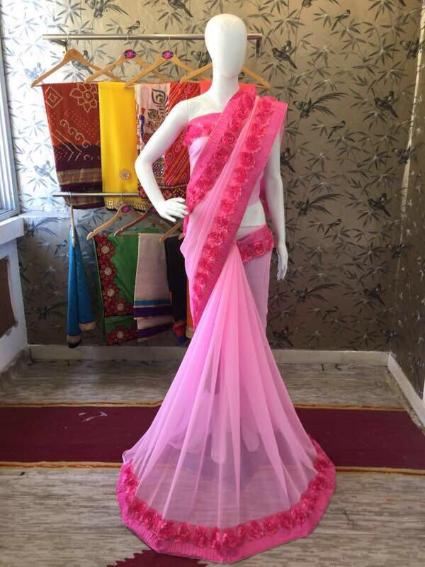 Pink Georgette with Ribbon work and Rose Lace Designer Saree-SRE-205