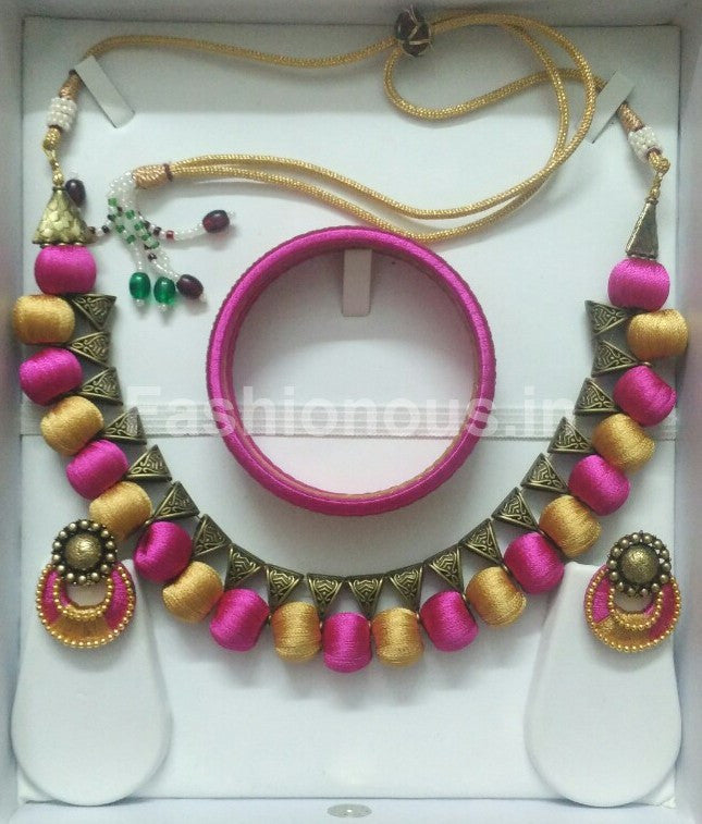 Pink and Gold Silk Thread Jewellery Set