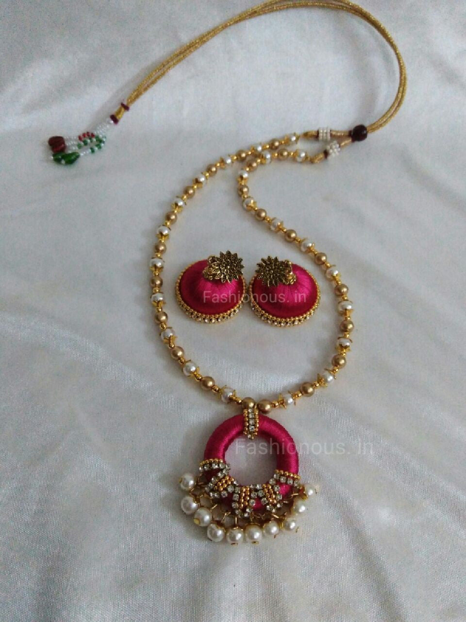 Pink Pearl Silk Thread Necklace and Earrings
