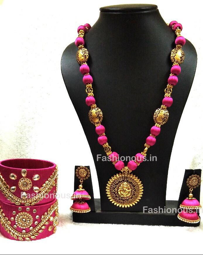 Pink Silk Balls With Antique Pendant Silk Thread Jewellery Set-STJSW-005
